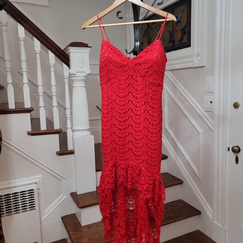 NEW High-Low Red Lace Ruffle Detail Dress. Size 2. - Picture 2 of 16